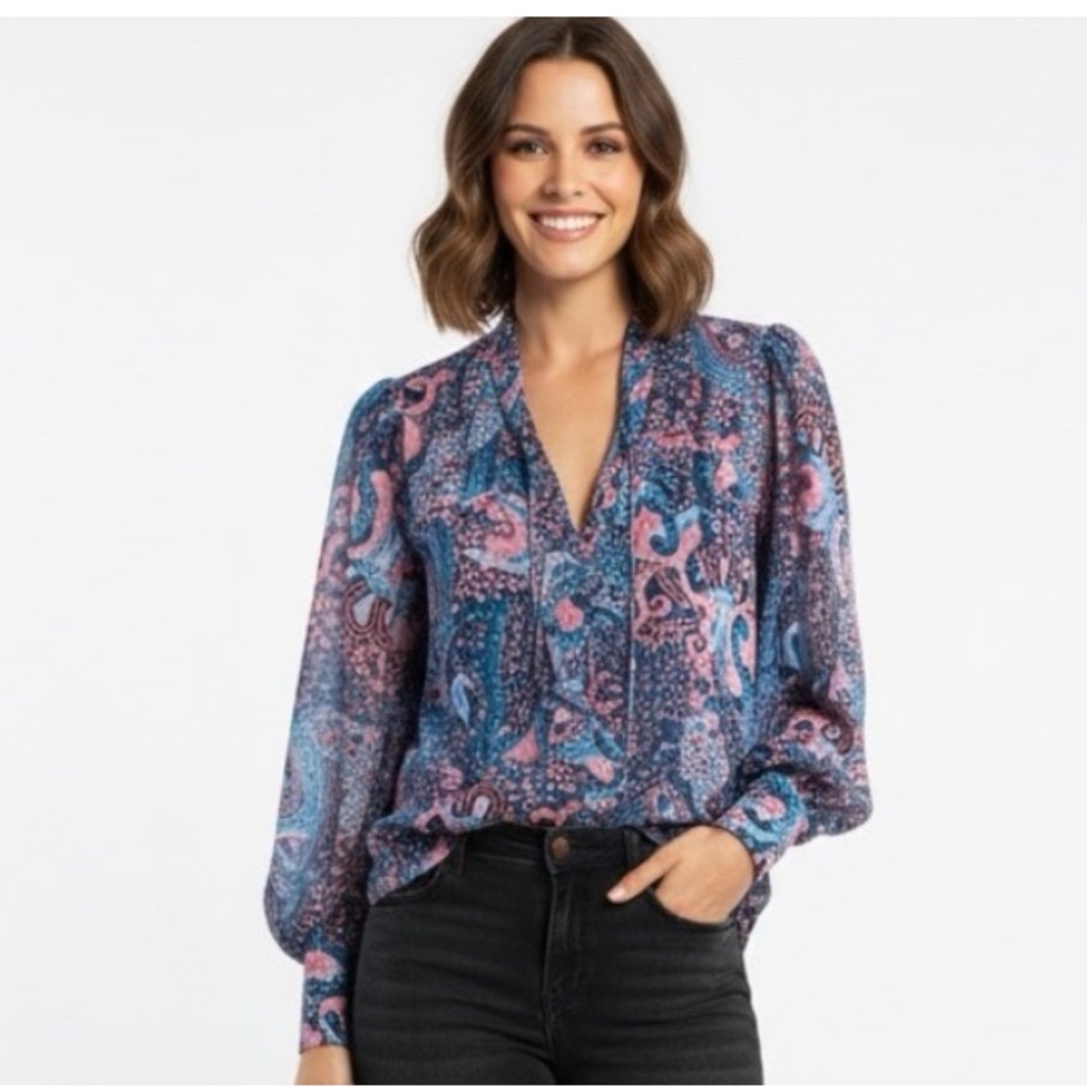 Fate Blue and Orange Graphic Blouse with Notched Collar